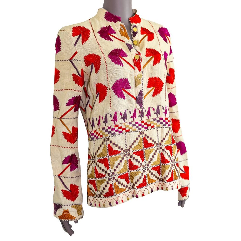 Tory Burch Linen Floral Embroidery Long Sleeve Button Down Summer Blouse Size 6 - Picture 2 of 4